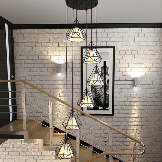 Minimalist Black Diamond Cage Pendant Light Kit with 6 Inner Fabric Shades: Versatile Corridor Hanging Fixture