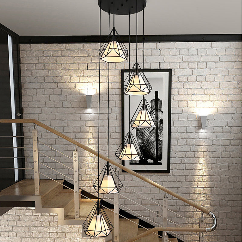 Minimalist Black Diamond Cage Pendant Light Kit with 6 Inner Fabric Shades: Versatile Corridor Hanging Fixture