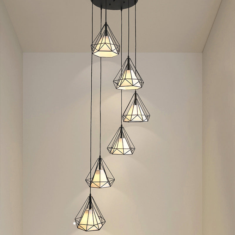 Minimalist Black Diamond Cage Pendant Light Kit with 6 Inner Fabric Shades: Versatile Corridor Hanging Fixture