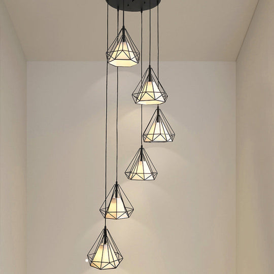 Minimalist Black Diamond Cage Pendant Light Kit with 6 Inner Fabric Shades: Versatile Corridor Hanging Fixture