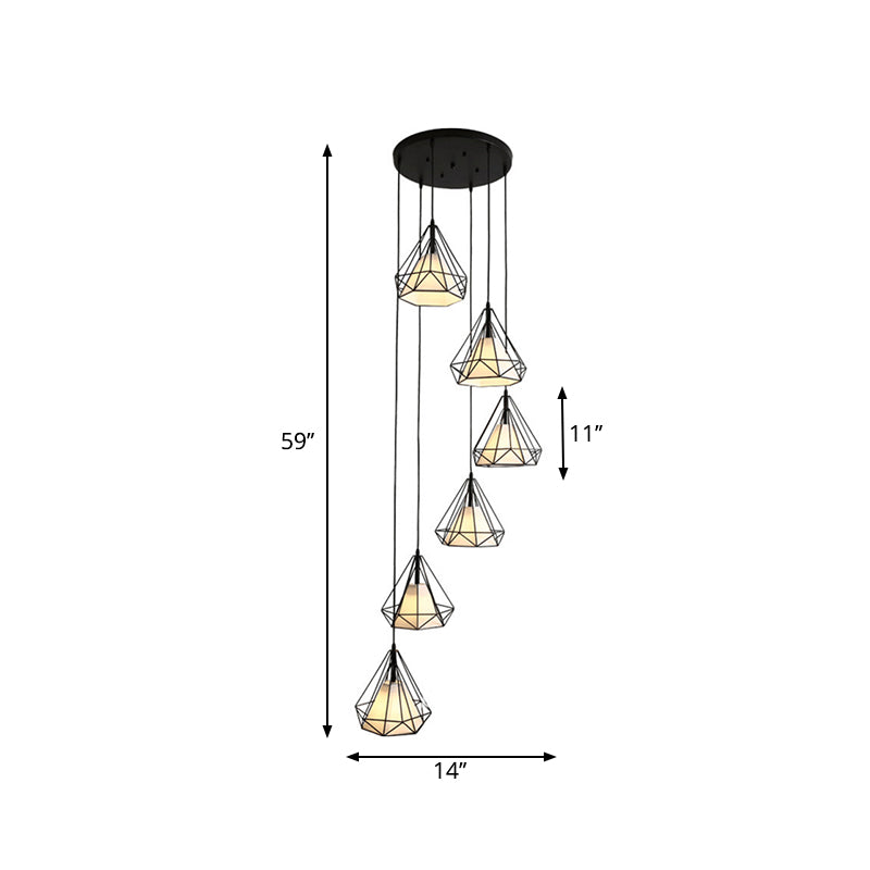 Minimalist Black Diamond Cage Pendant Light Kit with 6 Inner Fabric Shades: Versatile Corridor Hanging Fixture