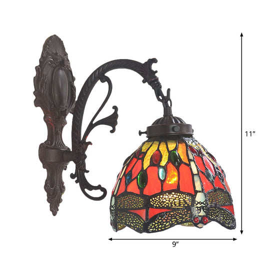 Victorian Dome Sconce with Dragonfly Pattern, Red Cut Glass Light Fixture, Wall Mount Lamp