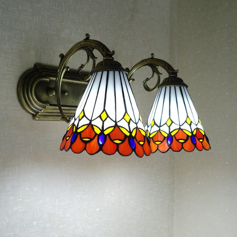 Red Stained Glass Tiffany Conical Wall Sconce with Curving Arm - Elegant Wall Lighting