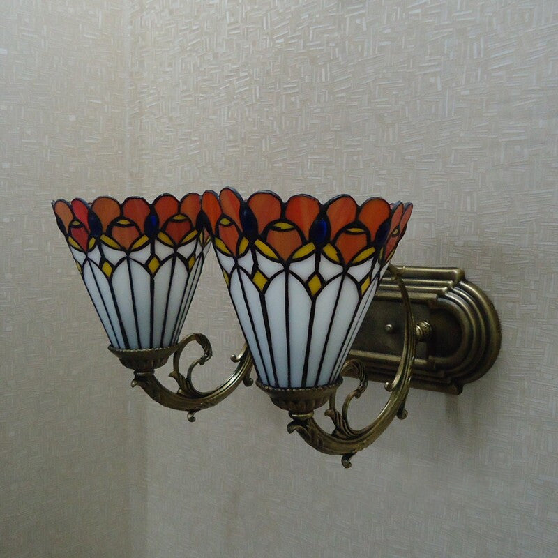 Red Stained Glass Tiffany Conical Wall Sconce with Curving Arm - Elegant Wall Lighting