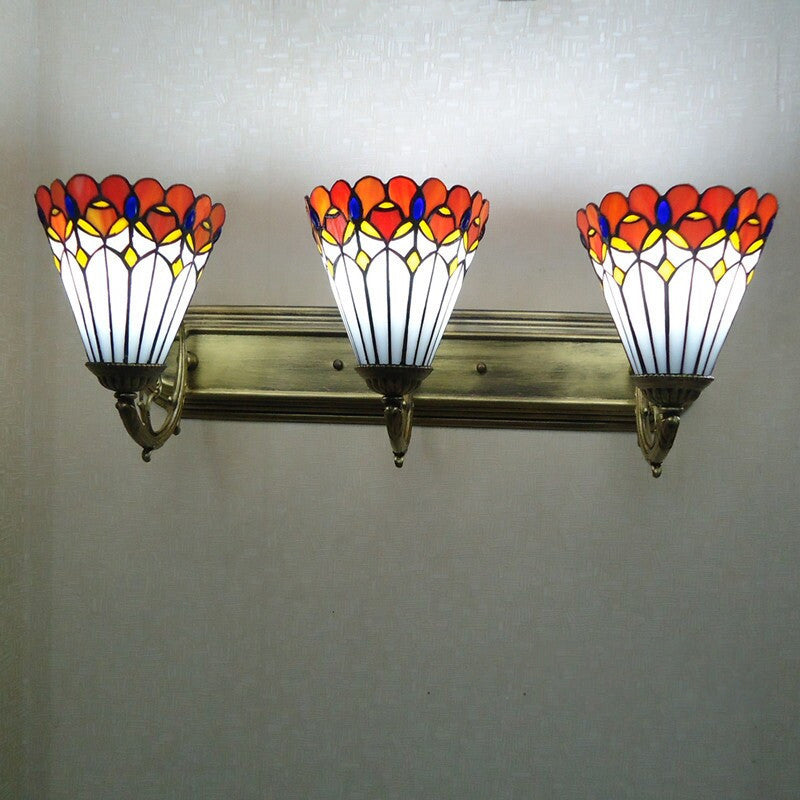 Red Stained Glass Tiffany Conical Wall Sconce with Curving Arm - Elegant Wall Lighting