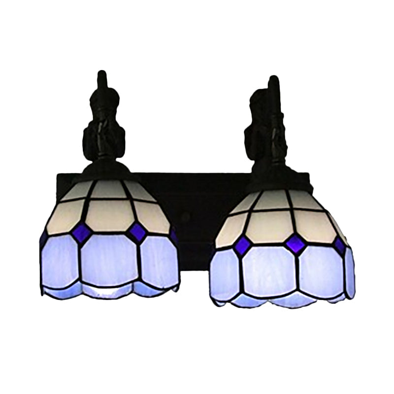 Blue Baroque Stained Glass Wall Sconce with Lattice Dome and 2 Lights
