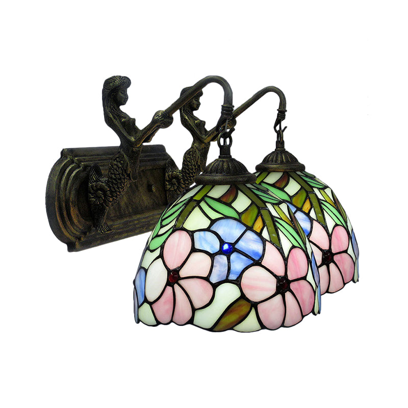 Hand-Cut Glass Floral Wall Sconce with Tiffany Bowl Design in Brass