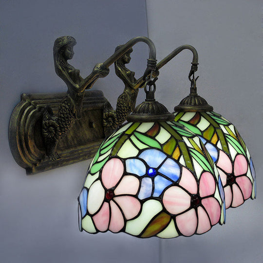 Hand-Cut Glass Floral Wall Sconce with Tiffany Bowl Design in Brass