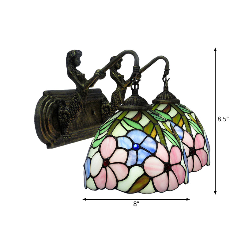 Hand-Cut Glass Floral Wall Sconce with Tiffany Bowl Design in Brass