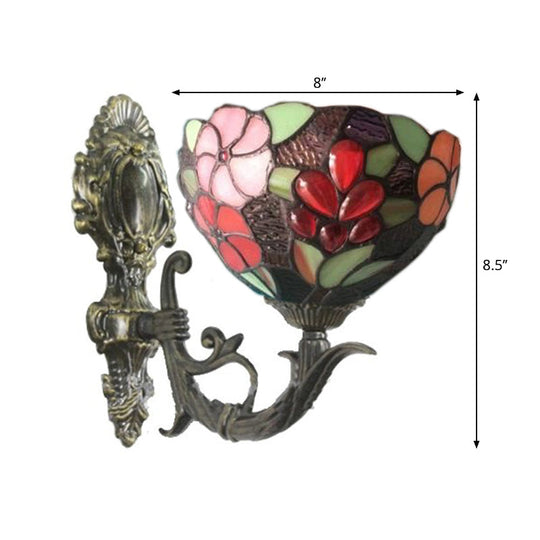 Hand-Cut Glass Floral Wall Sconce with Tiffany Bowl Design in Brass