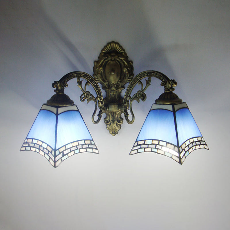 Modern Blue Cut Glass Pyramid Wall Light with Mediterranean Brass Finish and Curved Arm - Wall Mounted Lamp