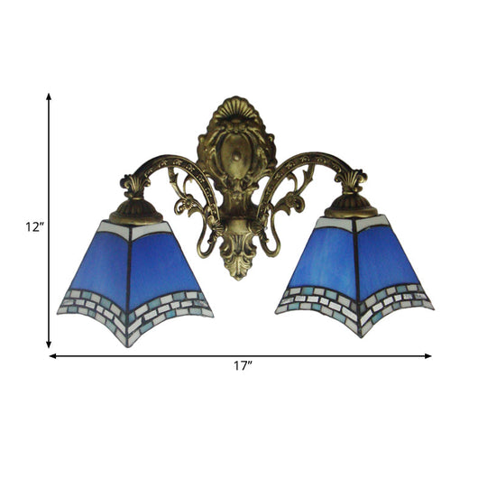 Modern Blue Cut Glass Pyramid Wall Light with Mediterranean Brass Finish and Curved Arm - Wall Mounted Lamp