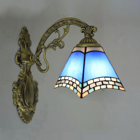 Modern Blue Cut Glass Pyramid Wall Light with Mediterranean Brass Finish and Curved Arm - Wall Mounted Lamp