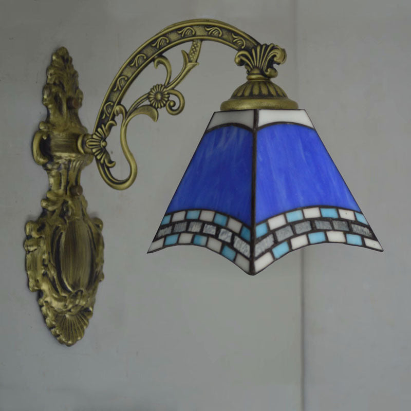 Modern Blue Cut Glass Pyramid Wall Light with Mediterranean Brass Finish and Curved Arm - Wall Mounted Lamp