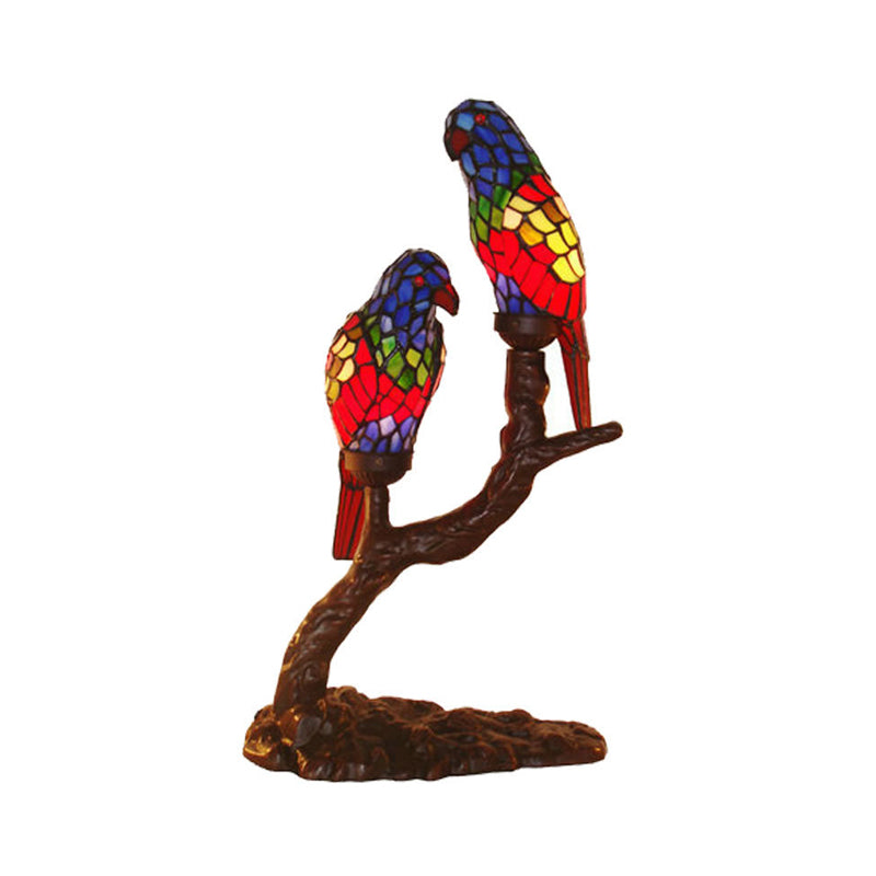 Tiffany Blue Branching Nightstand Light with Parrot Cut Glass Shade, Set of 2