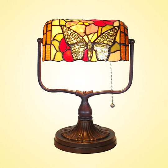 Mediterranean Hand Cut Glass Banker Lamp with Butterfly Pattern - White, Pull Chain - Table Light