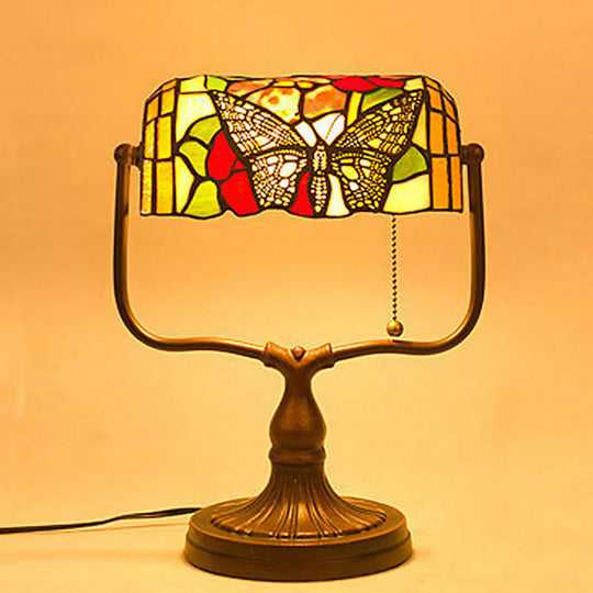 Mediterranean Hand Cut Glass Banker Lamp with Butterfly Pattern - White, Pull Chain - Table Light