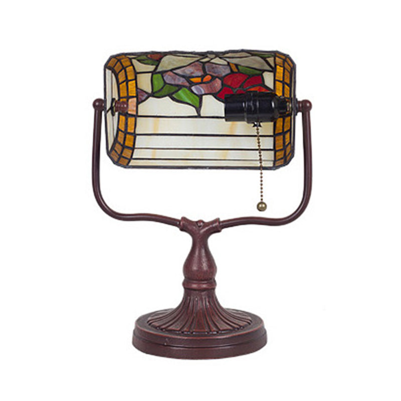 Mediterranean Hand Cut Glass Banker Lamp with Butterfly Pattern - White, Pull Chain - Table Light
