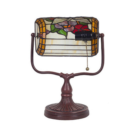 Mediterranean Hand Cut Glass Banker Lamp with Butterfly Pattern - White, Pull Chain - Table Light