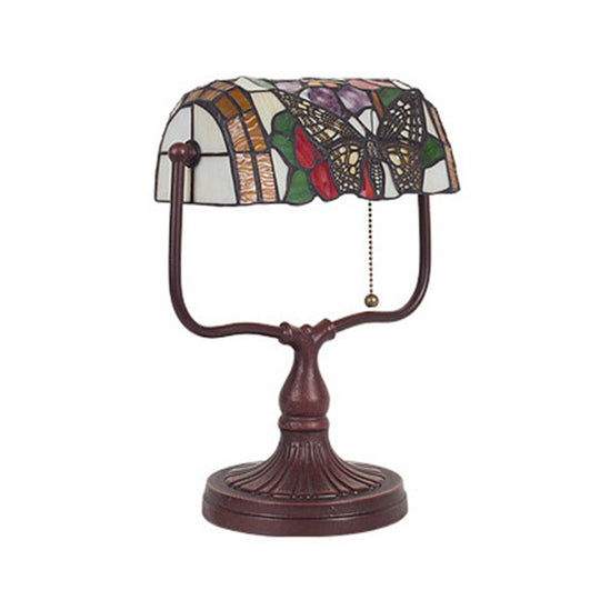 Mediterranean Hand Cut Glass Banker Lamp with Butterfly Pattern - White, Pull Chain - Table Light