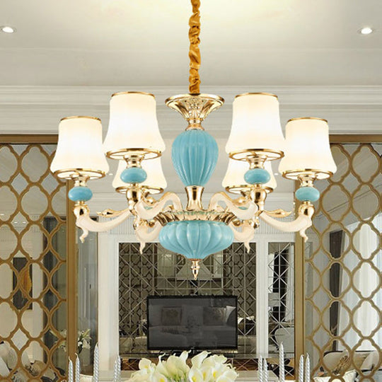 Contemporary Blue Ceramic Chandelier with Opal Glass Shade - Modern Lighting Fixture
