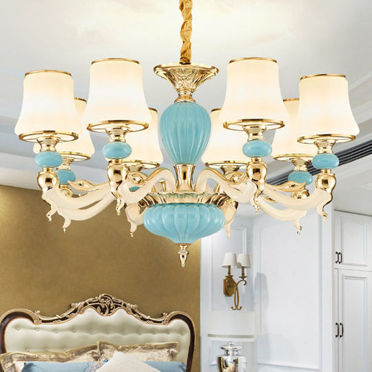 Contemporary Blue Ceramic Chandelier with Opal Glass Shade - Modern Lighting Fixture