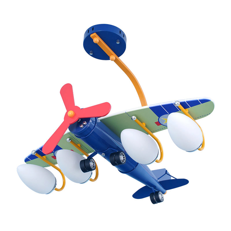 Child Bedroom Cartoon Metal Chandelier - Blue Propeller Plane Design with 4 Bulbs - Hanging Lighting