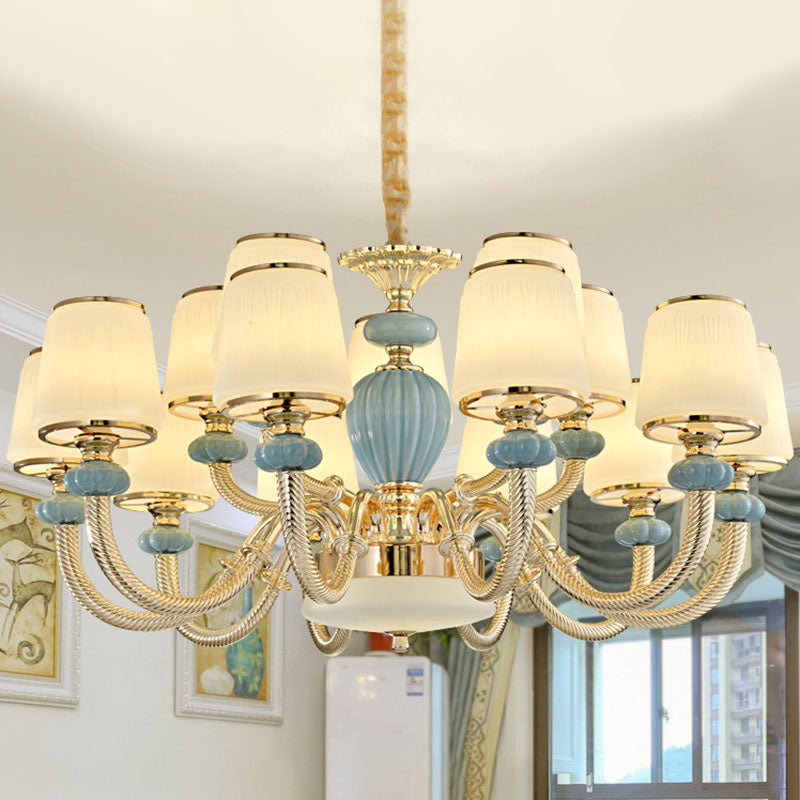 Blue Frosted Glass Barrel Chandelier - Simple Ceramic Suspension Pendant for Living Room