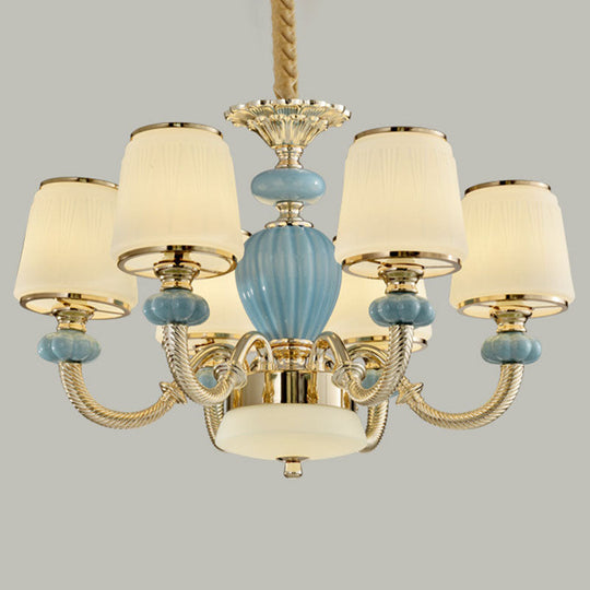 Blue Frosted Glass Barrel Chandelier - Simple Ceramic Suspension Pendant for Living Room