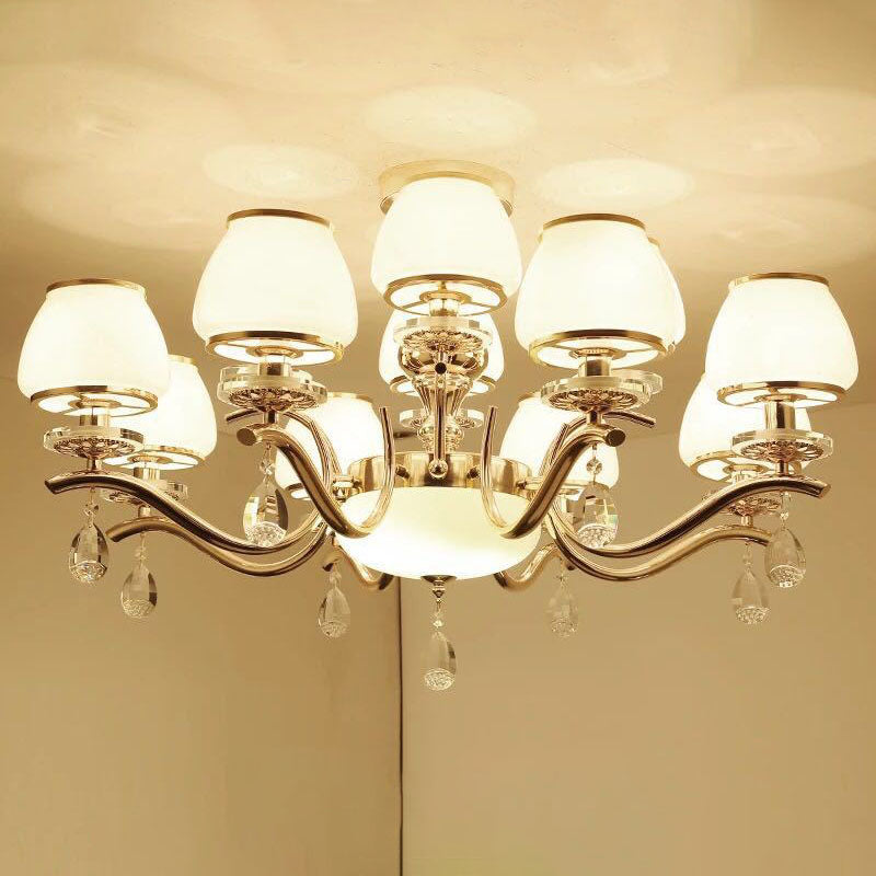 Modernist White Glass Pendant Chandelier with Crystal Droplets - Gold Urn Shade Design