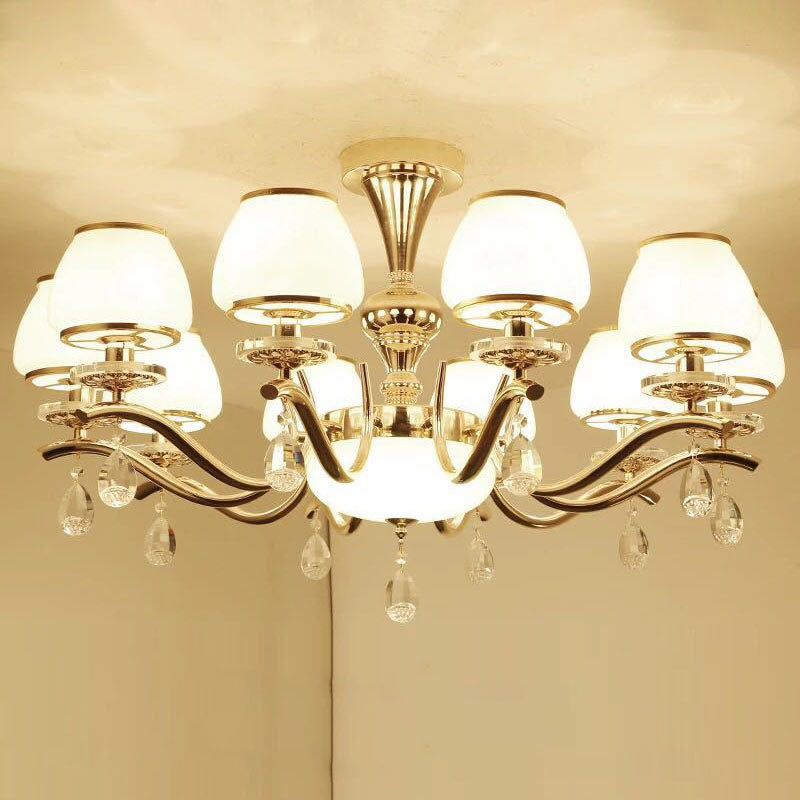 Modernist White Glass Pendant Chandelier with Crystal Droplets - Gold Urn Shade Design
