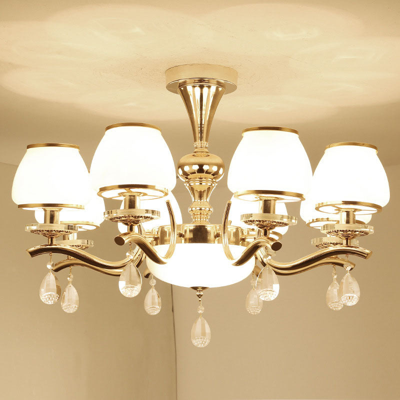 Modernist White Glass Pendant Chandelier with Crystal Droplets - Gold Urn Shade Design