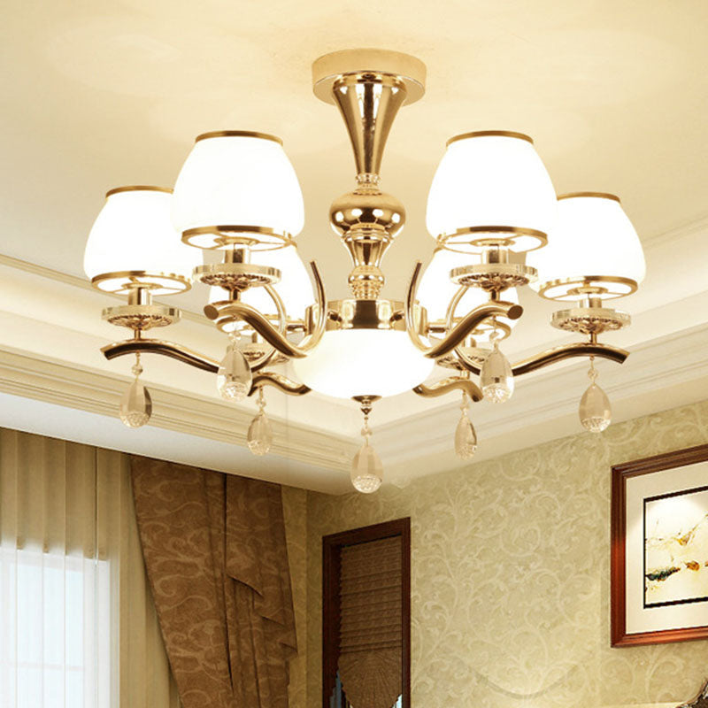 Modernist White Glass Pendant Chandelier with Crystal Droplets - Gold Urn Shade Design