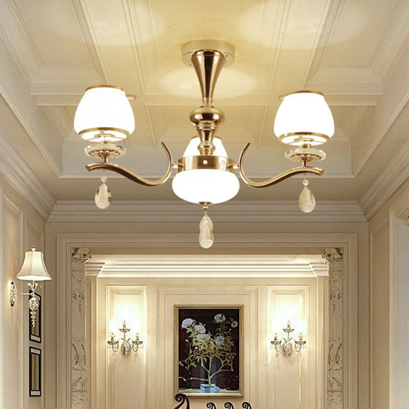 Modernist White Glass Pendant Chandelier with Crystal Droplets - Gold Urn Shade Design