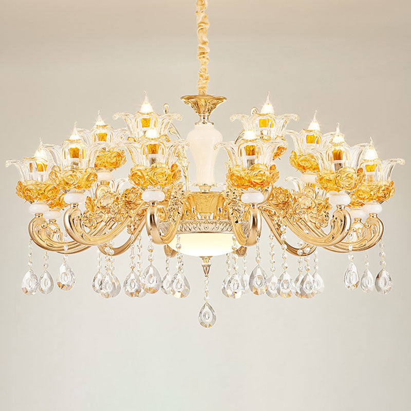 Gold Floral Glass Chandelier: Elegant Living Room Suspension Lamp