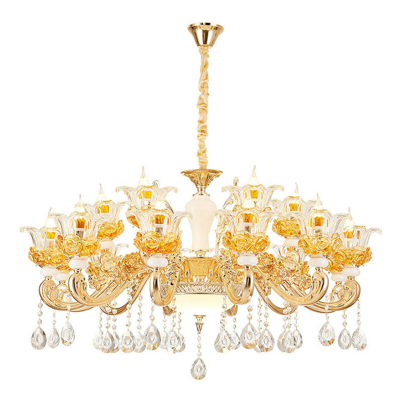 Gold Floral Glass Chandelier: Elegant Living Room Suspension Lamp