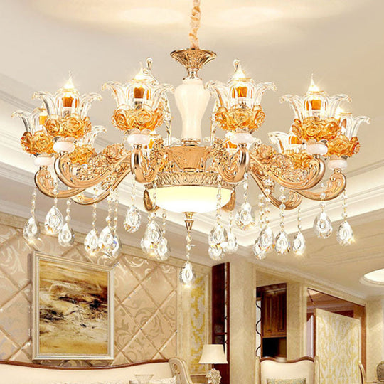 Gold Floral Glass Chandelier: Elegant Living Room Suspension Lamp