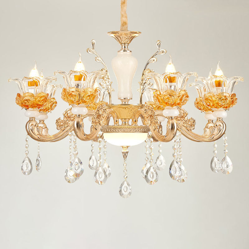 Gold Floral Glass Chandelier: Elegant Living Room Suspension Lamp