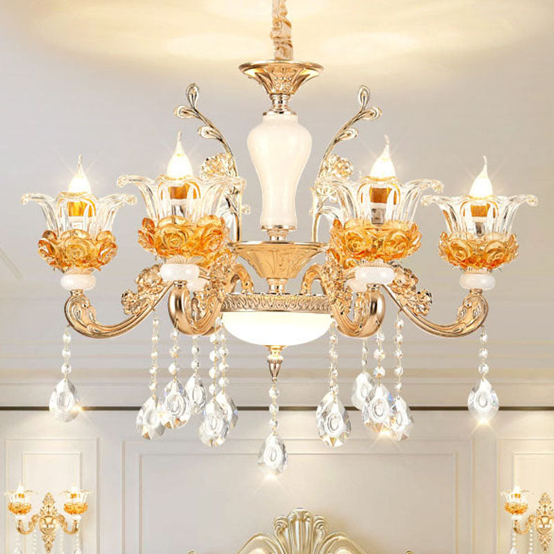Gold Floral Glass Chandelier: Elegant Living Room Suspension Lamp