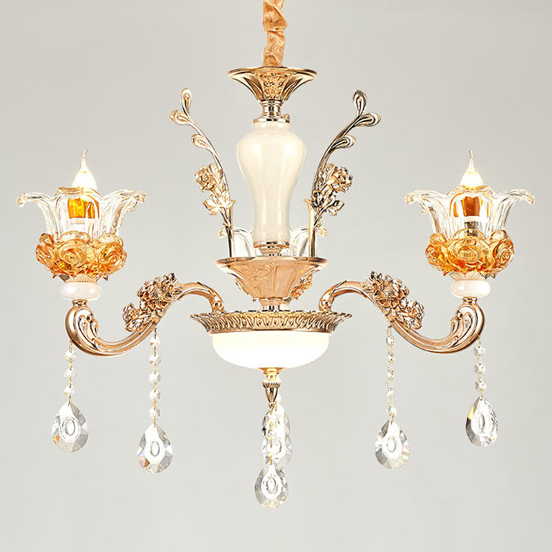 Gold Floral Glass Chandelier: Elegant Living Room Suspension Lamp