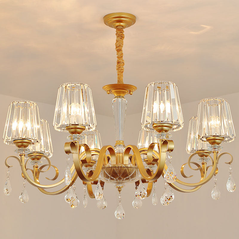 Simplicity Gold Tapered Crystal Hanging Light Kit - Elegant Ceiling Chandelier with Scrolled Arm