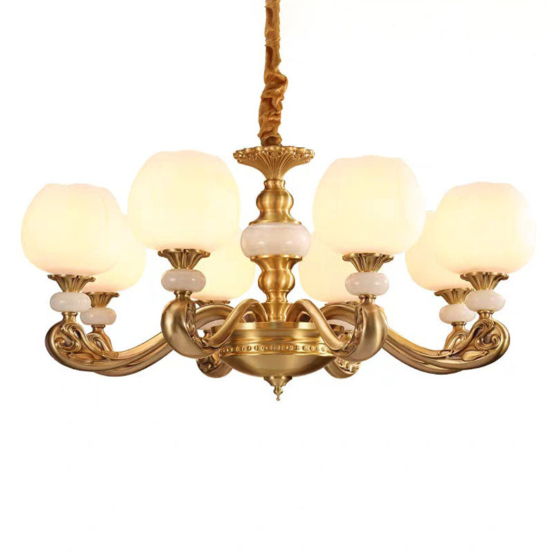 Modern Opal Glass Bud Pendant Chandelier with Brass Suspension and Curved Arm