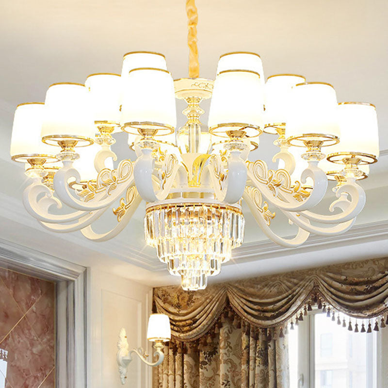 Sleek Gold Conical Pendant Light: Opaline Glass Chandelier with Curved Arm – Modern Simplicity