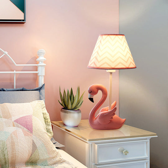 Flamingo Base Kids' Cone Shade Nightstand Lamp: Pink Fabric, 1 Head Table Lamp