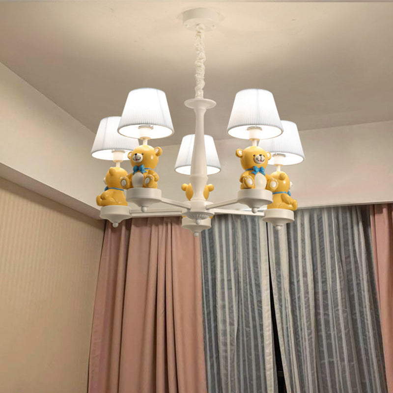 White Chandelier Light with Cartoon Fabric, Bear Figurine - Perfect for Child's Room