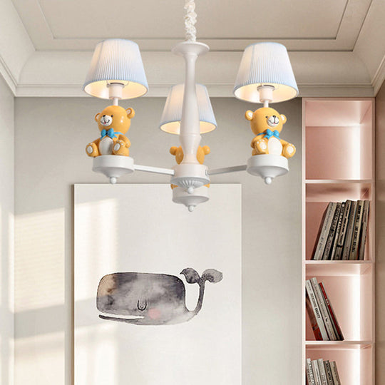 White Chandelier Light with Cartoon Fabric, Bear Figurine - Perfect for Child's Room