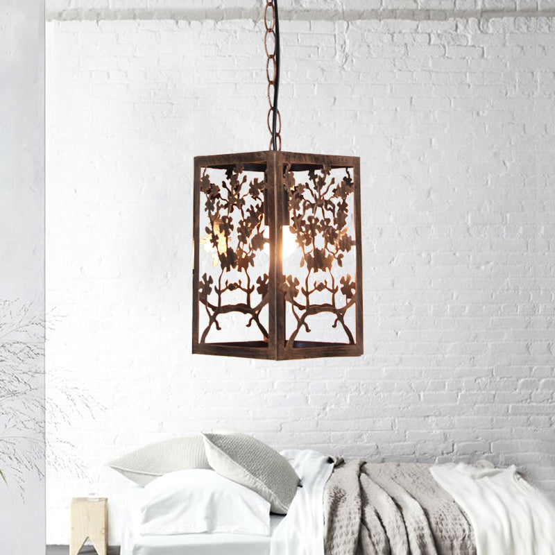 Rustic Pendant Ceiling Light with Cage - Traditional Metal, 1 Light Hanging Lamp for Living Room