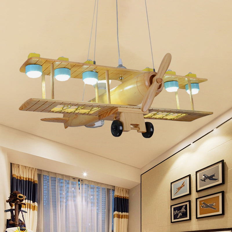 Nordic Beige Wood Pendant Light: Glider Shaped Hanging Light for Kindergarten