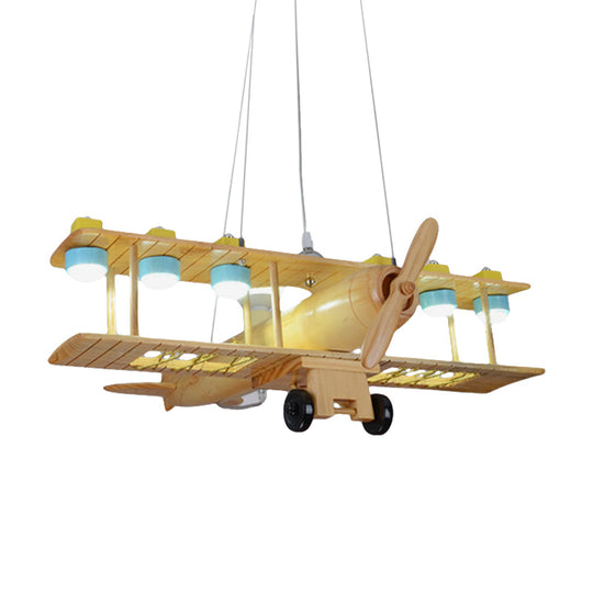 Nordic Beige Wood Pendant Light: Glider Shaped Hanging Light for Kindergarten