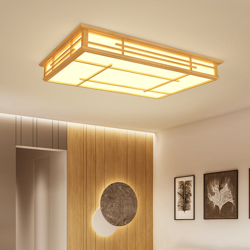 Modern Japanese Geometric LED Flush Ceiling Light with Acrylic Panels - Stylish Wood Flush Mount Lighting Fixture for Living Room
